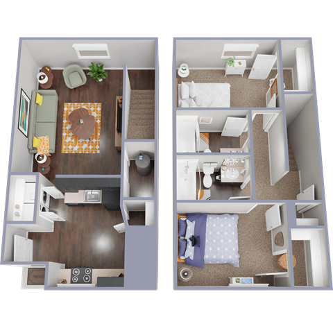 A floor plan of a two-bedroom apartment with a living room, kitchen, and bathroom.